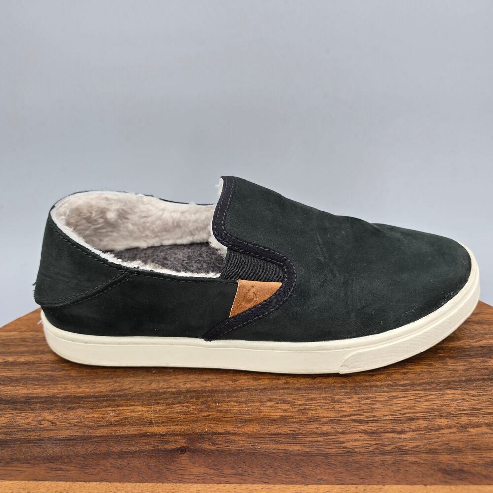OluKai Shoes Womens 7 Black Leather Shearling Lined Pehuea Heu Slip On Comfort